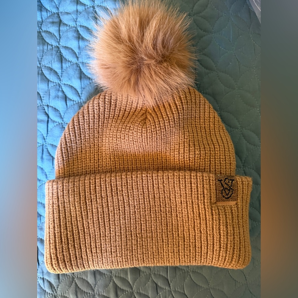 Victoria's Secret Tan Knit Kids Beanie with Pom-Pom